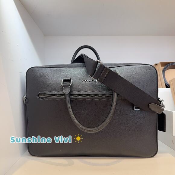 NWT Coach Ethan Slim Brief for laptop Crossgrain leather Gunmetal Black CR271